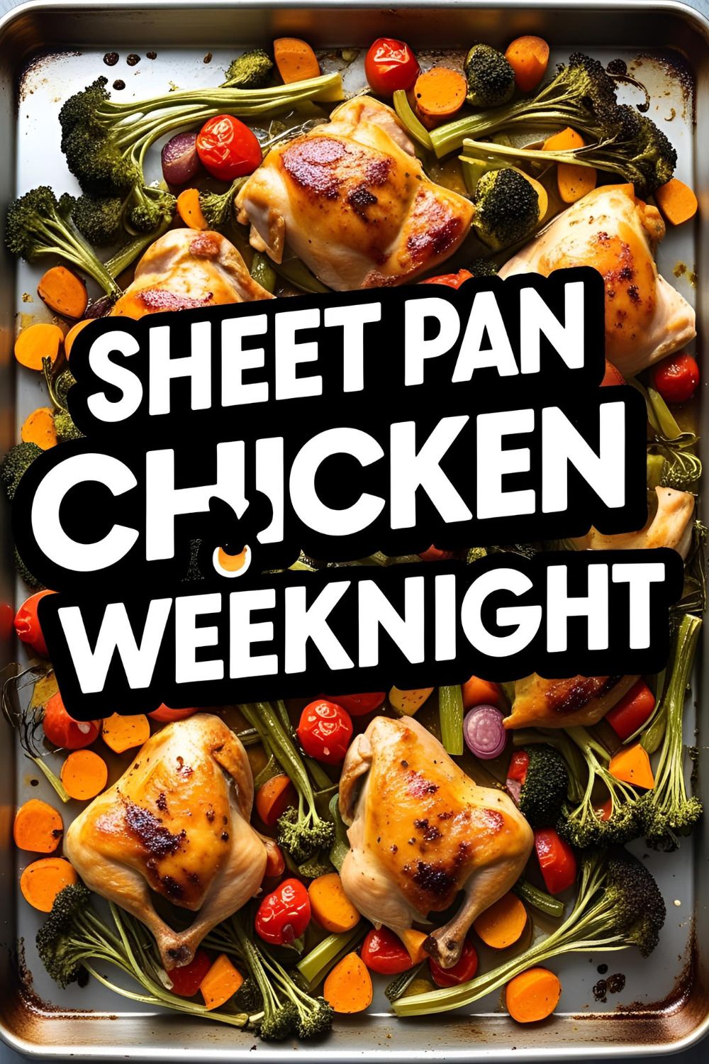 Golden roasted chicken breasts and colorful veggies on a parchment-lined sheet pan
